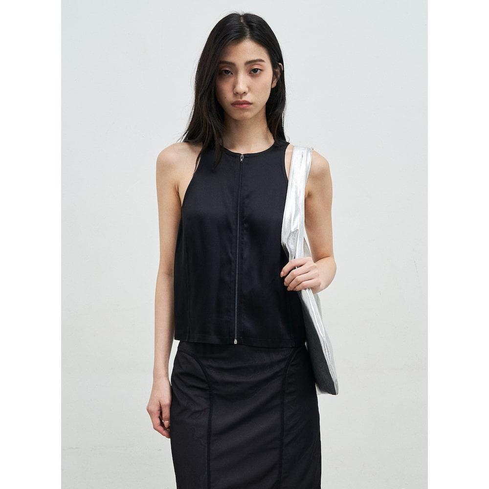 Anggae Satin Tank Zipup Vest Black