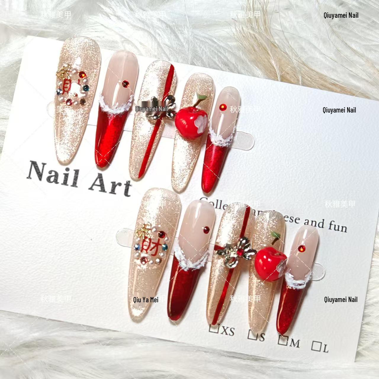 

[Caiyuan Guoguo] Long Red Cat Eye French-Style New Year Wearable Nail Patches Small S