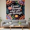 Tapestry Wall Hanging Inspirational Quote Grow Through What You Go Through Orange Purple Mandala Flowers Leaves Dark Art Decor for Bedroom