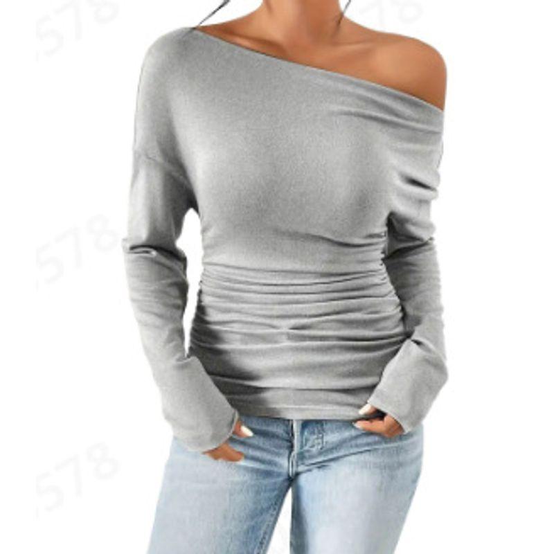 Solid Color Slanted Neck Long Sleeved Top Solid Diagonal Collar Long sleeve Top Women