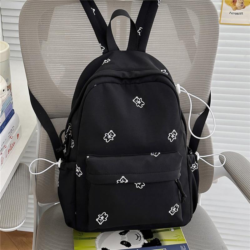 Cute Bear Print School Backpack with Front Pocket Side Drawstrings Casual Daypack for Daily Use