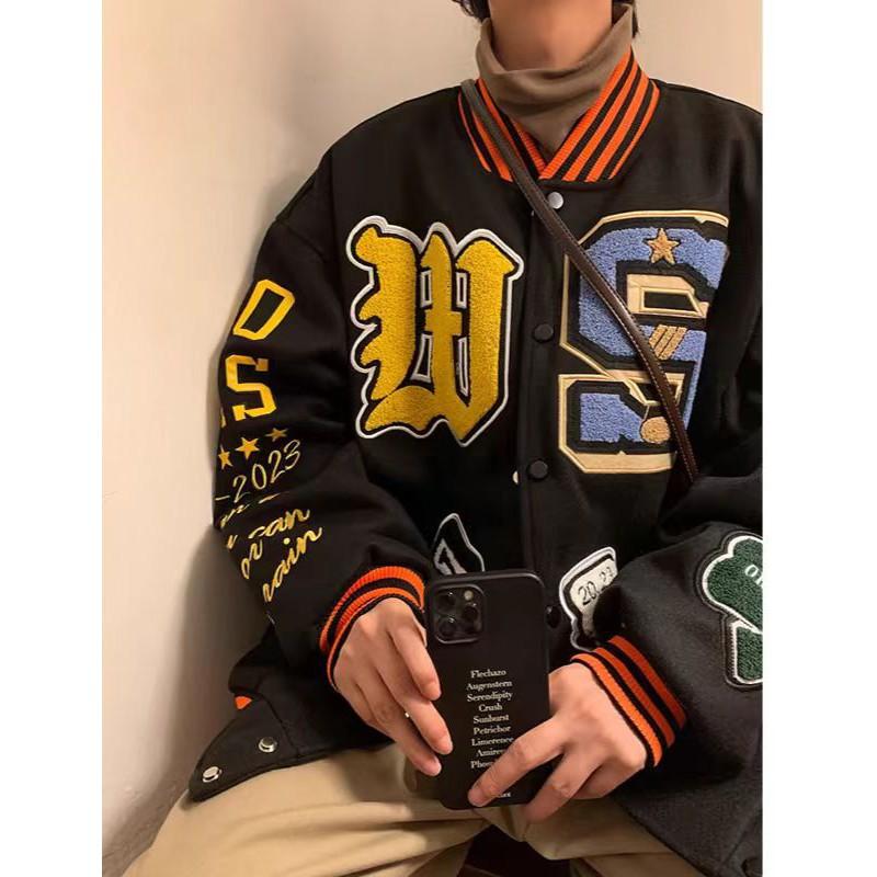 American Baseball Jacket Heavyweight Embroidered Wool Blend Loose Fit Men Women Couple Style Winter