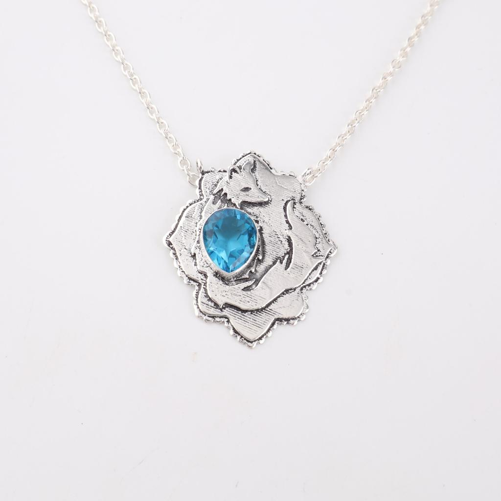 Swiss Blue Topaz Gemstone 925 Sterling Silver Jewelry Oxidize Pendant 1.29" Gift CP-32-1