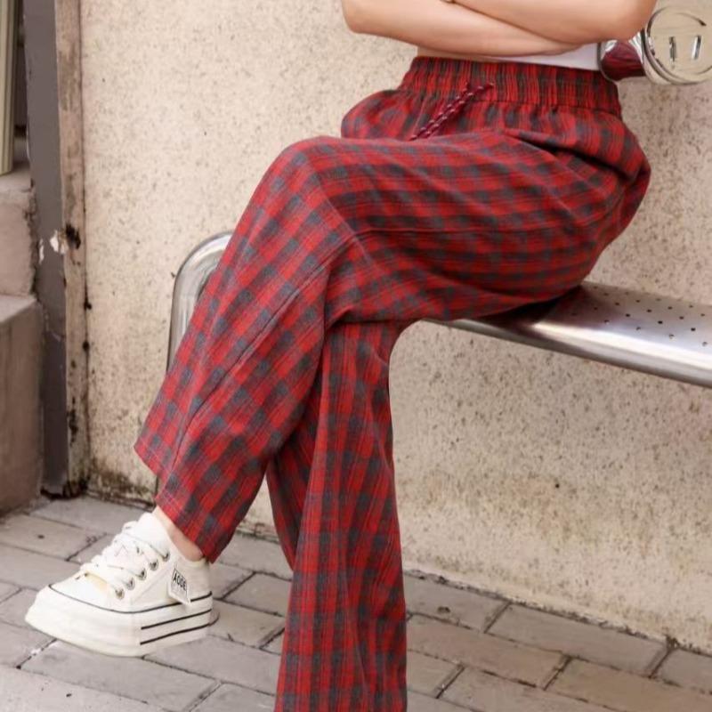 Vintage Fashion Plaid Casual Pants Versatile Ankola Red Loose Wide Leg Pants High Waist Skinny Lazy Straight Pants