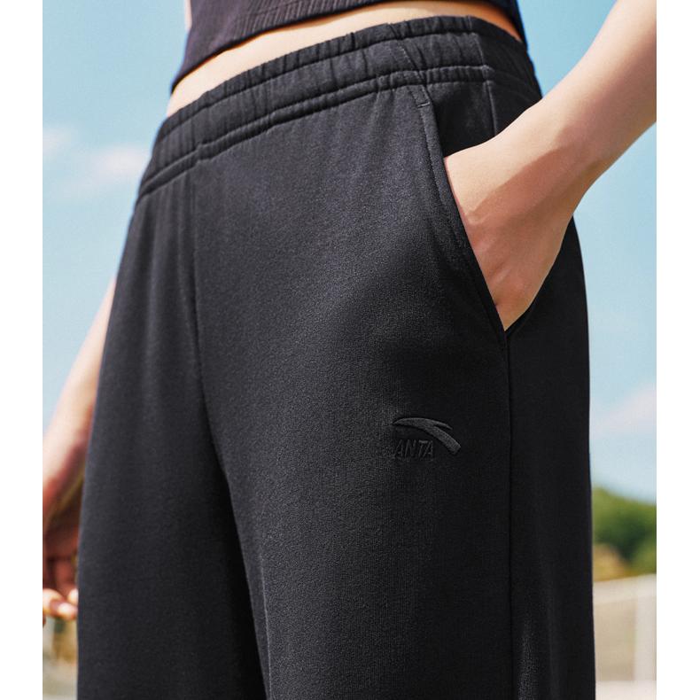 Anta Retro Comfortable Simple Fashion Versatile Loose Straight Leg Knitted Sports Pants Women Bottoms Basic-Black 162528323-2