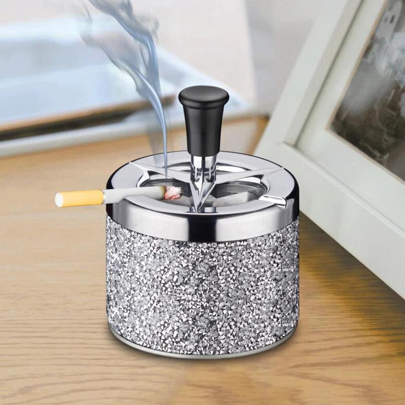Push Down Ashtray with Lid Spinning Ashtray Windproof Self-Cleaning Ashtray Metal Desktop Ashtray for Cigarette Smoking