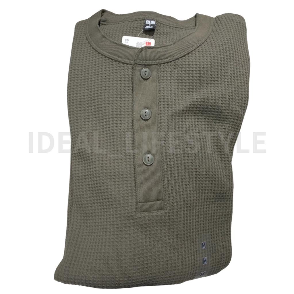 UNIQLO Waffle Henley Neck Long-Sleeve T-Shirt S-4XL Round-hem Men 486104 NWT