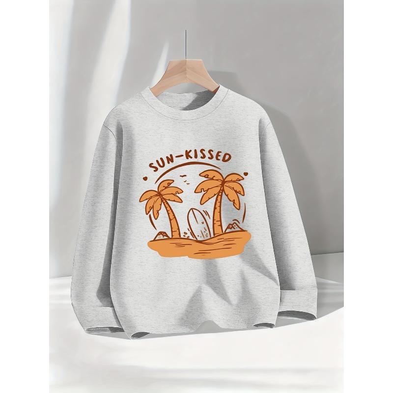 Kids Sweatshirt Casual Fashion Crew Neck Tan Palm Tree Surfboard Print Easy Everyday Top
