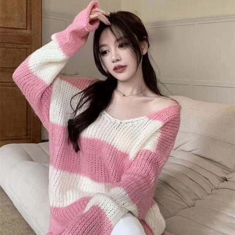 Men's Tops, Loose Knitwear, Western Style, Lazy Style, Spring and Autumn Thin Striped Sweaters, Women's Summer