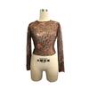 Spring Summer Ladies Leopard Floral Print Mesh Round Neck Short Long Sleeve T-Shirt