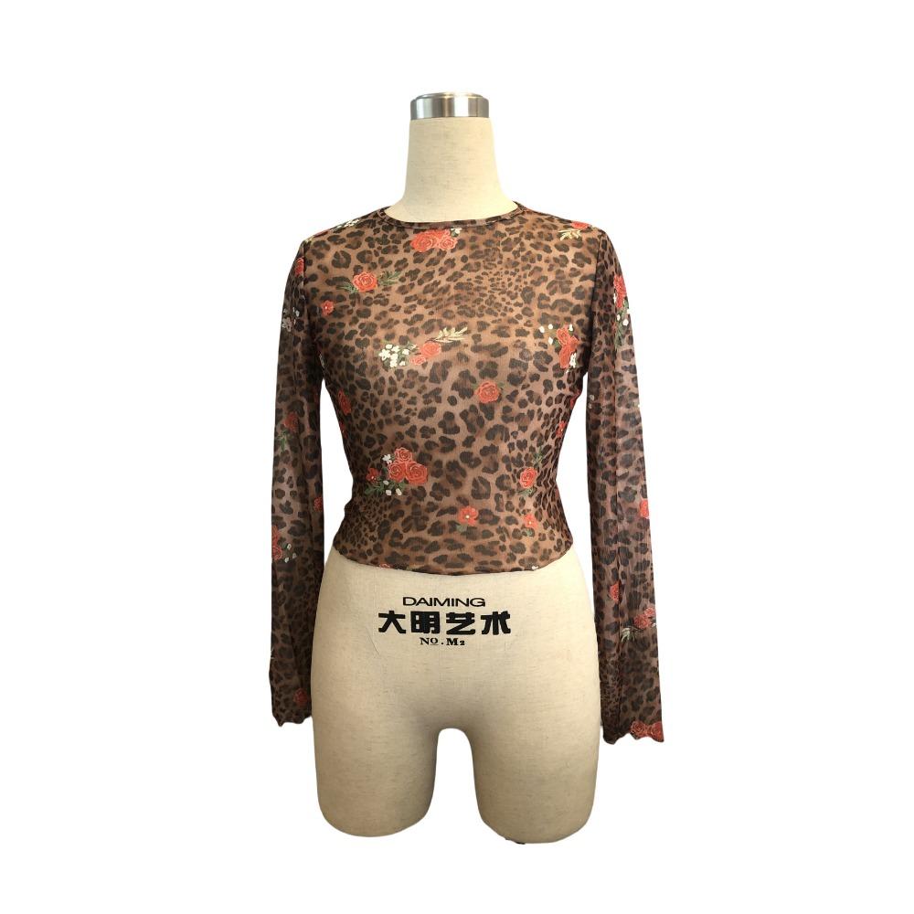 Spring Summer Ladies Leopard Floral Print Mesh Round Neck Short Long Sleeve T-Shirt