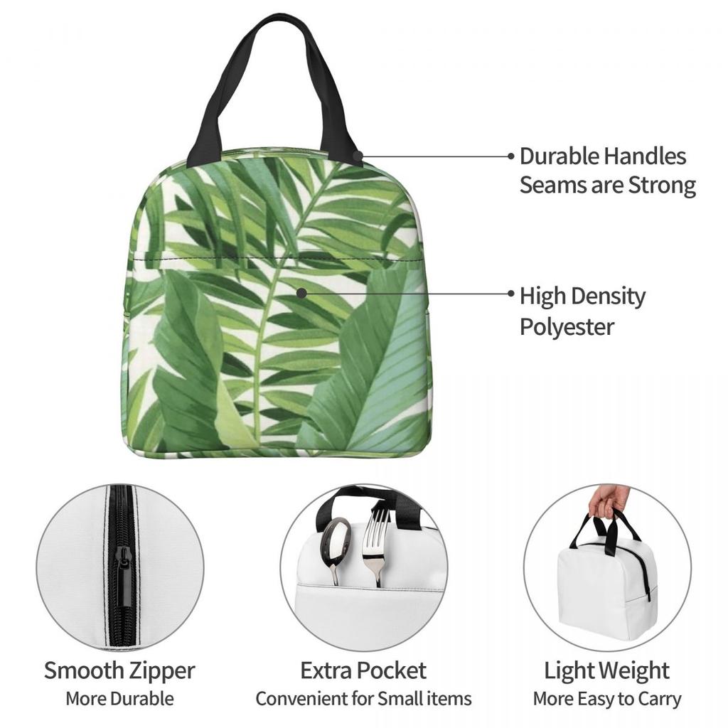 Green Tropical Leaf Print Insulated Lunch Bag for Kids School Cooler Thermal Food Box Tote Portable Lunch Boxes Container