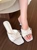 Girly atmosphere! Gentle white floral square head bow high heel sandals women