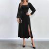 2024 European & American Women's Sexy Slit Velvet Dress with Square Neck & Puff Long Sleeves