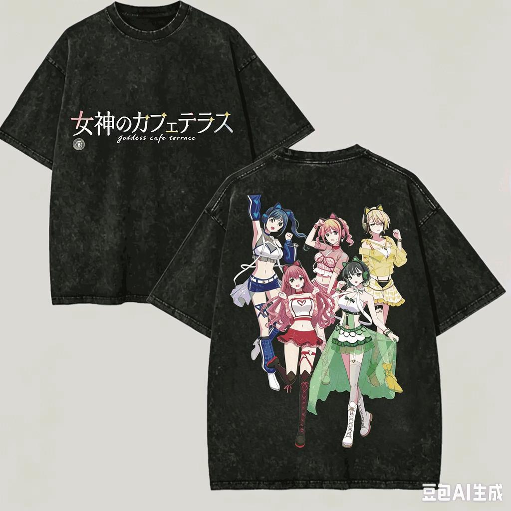 Vintage Washed Goddess Cafe Terrace Anime Graphic T Shirt Soft Cotton Short Sleeve Oversized Loose Unisex Manga Streetwear Tops