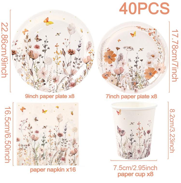 Spring Wild Flower Disposable Tableware Birthday Party Decor Wild Floral Paper Plates Cups Napkins Wedding Baby Shower Supplies