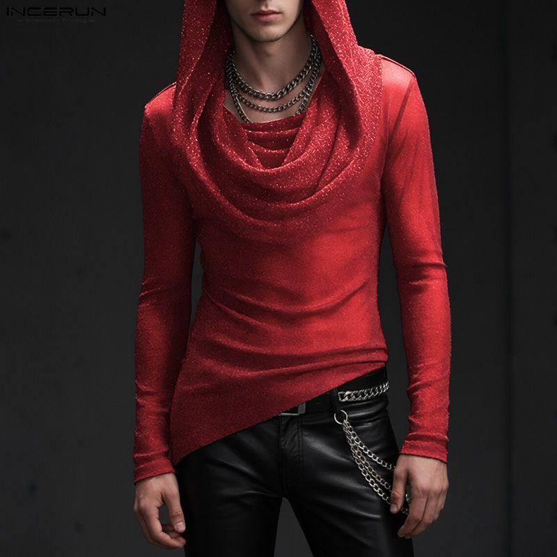 INCERUN Men Long Sleeve Mesh Sheer Lace Glitter Casual Hooded Ruffled Tops T-shirts