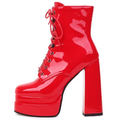 Spring Boot Ladies Sexy Punk High Heels Platform Ankle Boots For Women Leather Lace Up Red White Fetish Shoes Female Large Size