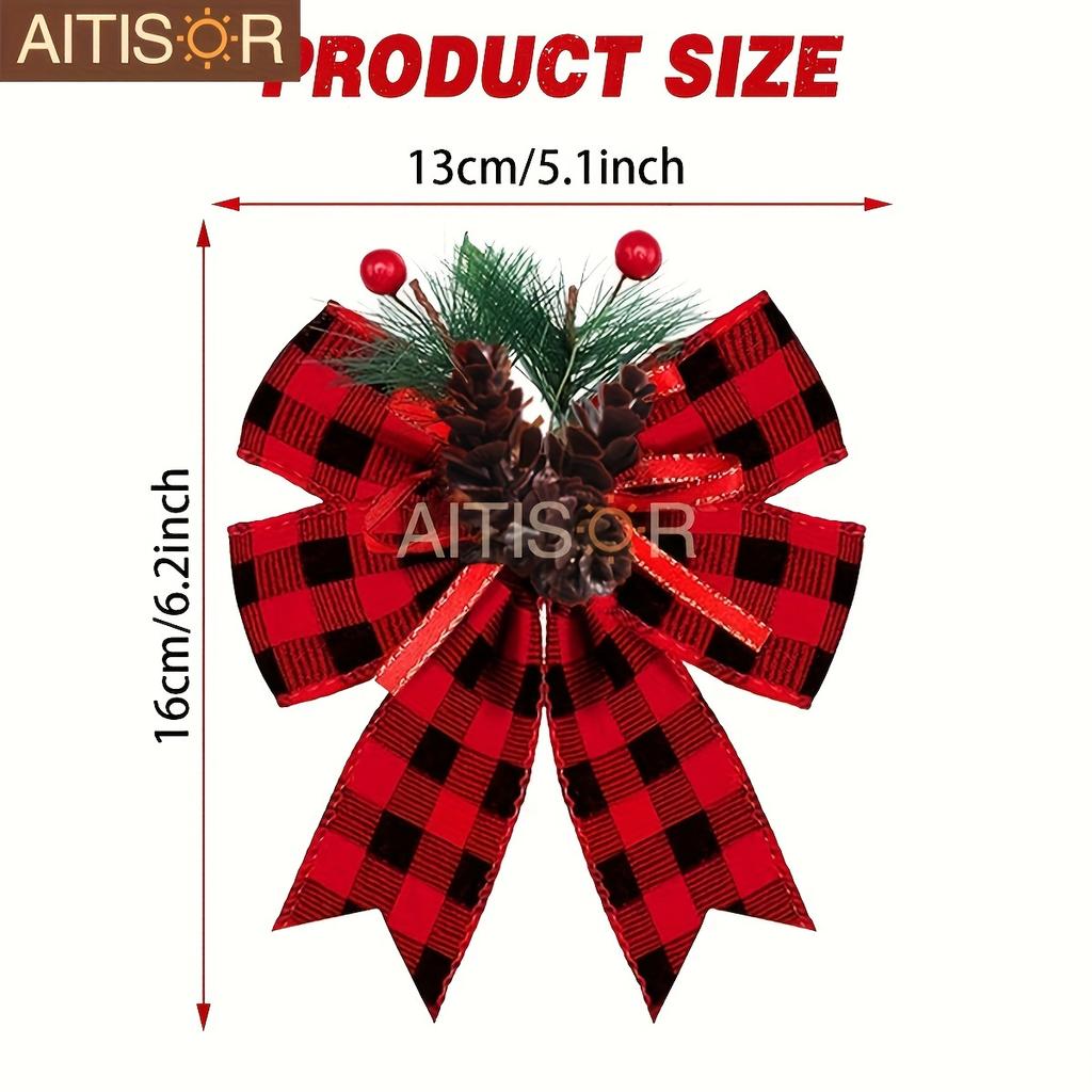 6pcs Christmas Ribbons Buffalo Plaid Bows with Plastic Pine Cone for Christmas Tree Mantle Fireplace Wreath DIY Crafts Decoration Party Decor Gift
