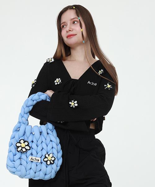 Acho Daisy Flower Knitted Pompon Tote Bag_Blue