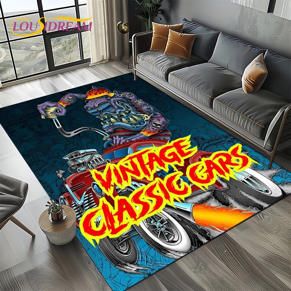 RF Funny Rat Fink Cartoon Motorcycle Sign Carpet Rug for Living Room Bedroom Home Sofa Decoration,Area Rug Non-slip Floor Mat