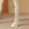 Weiße Stiefel Damen Winter neue Plateau-Ritterstiefel dicker Absatz Schnürstiefel Damenstiefel vielseitige Damenschuhe