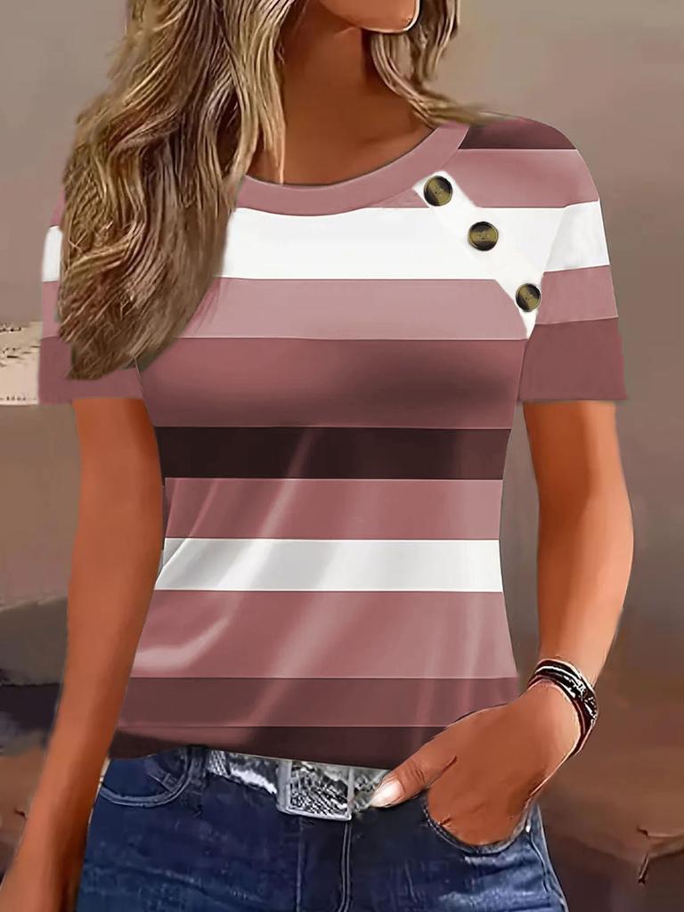 Womens Casual Striped Button Decor Short Sleeve T Shirt