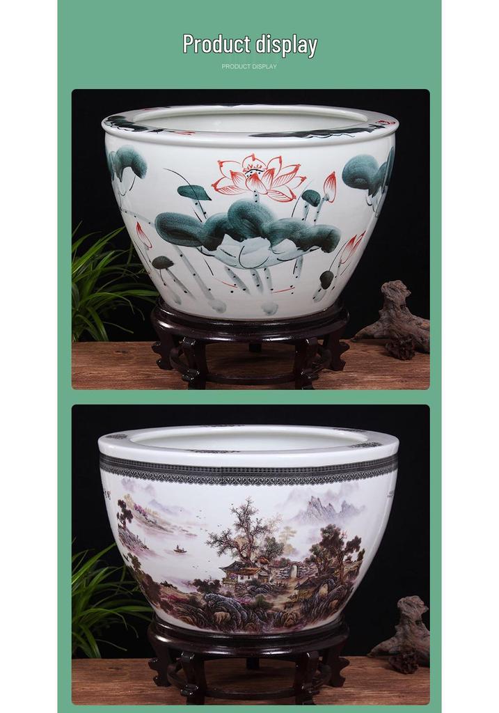 Extra Large Blue & White Ceramic Lotus Bowl for Outdoor Courtyards