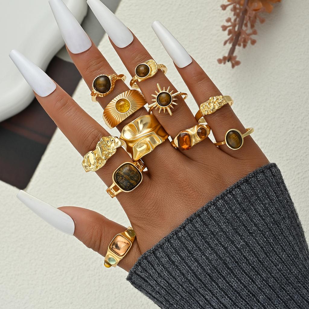 20Pcs/Set Punk Gold Color Sunflower Rings for Women Men Vintage Geometric Irregular Tiger Eye Stone Open Rings Set Jewelry Gifts