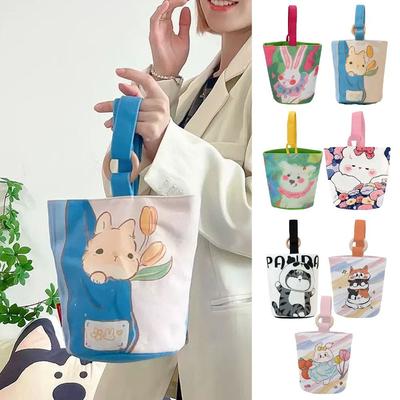 Dog Cartoon Canvas Bucket Bag Cat Dog Lunch Bag Reusable Rabbit Handbag  Travel