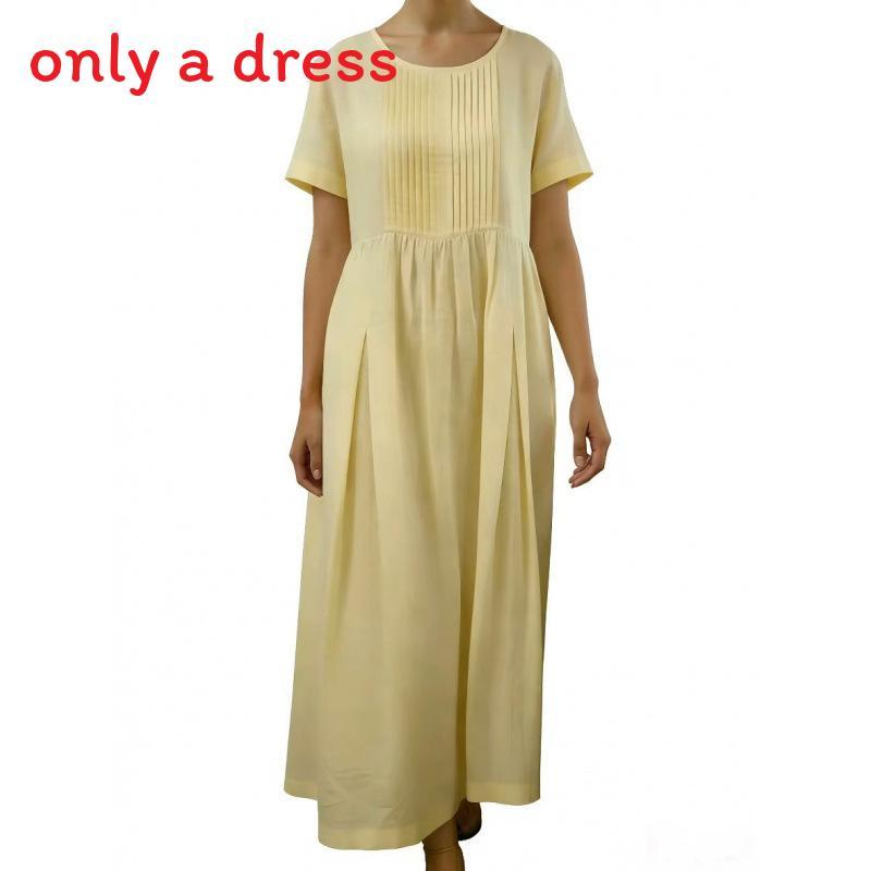 Cotton Linen Pleated Midi Dress With Loose Waist For Casual Wear