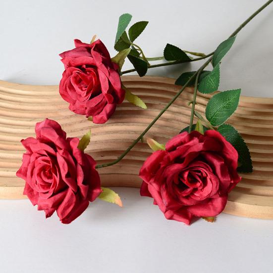 Artificial Rose Flower Realistic Fake Long Stem Rose Bouquet with 3 Heads Blooms for Wedding Centerpiece Home Party Decor