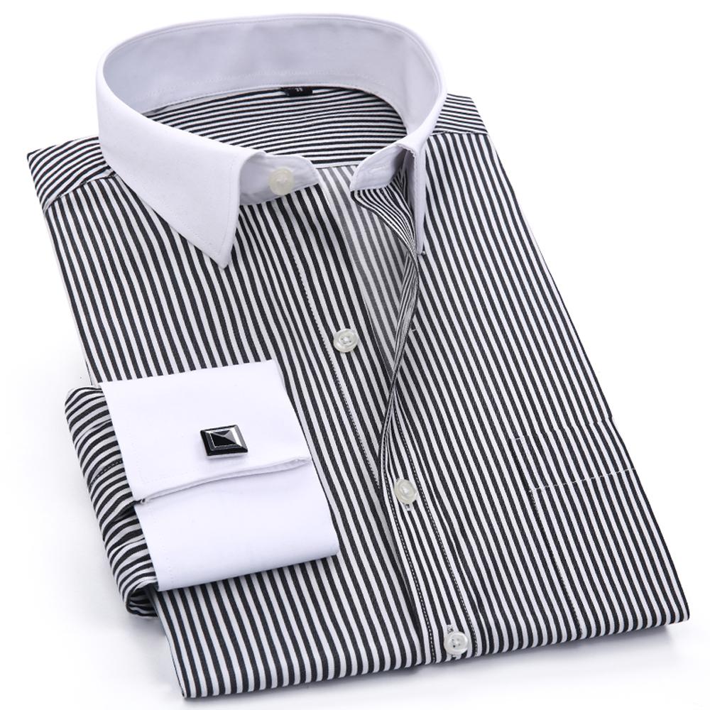 Men's Elegant French Cuff Spread Collar Striped Dress Shirt with Chest Pocket for Formal Business Wedding, Free Metal Cufflinks Included