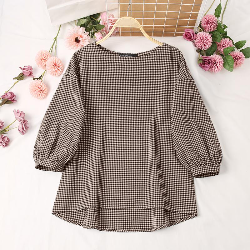 

ZANZEA Женская повседневная блузка с круглым вырезом и рукавами 3/4 в клетку с принтом 5XL коричневый