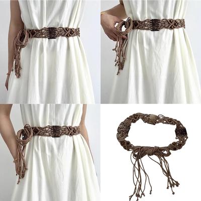 Bohemian Braided Cotton Rope Belt With Wooden Beads Adjustable Waist Cincher For Dresses And High Waist Pants
