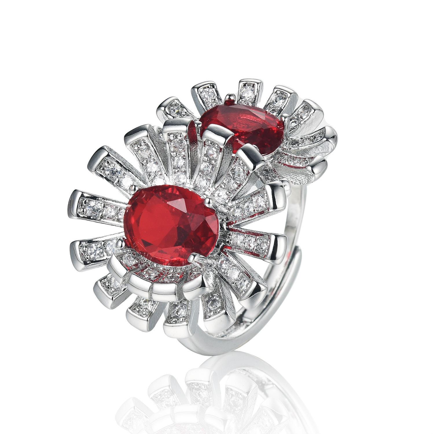 New Heavy Industry Grandiose Color Treasure Oval Zircon Big Flower Ring красный