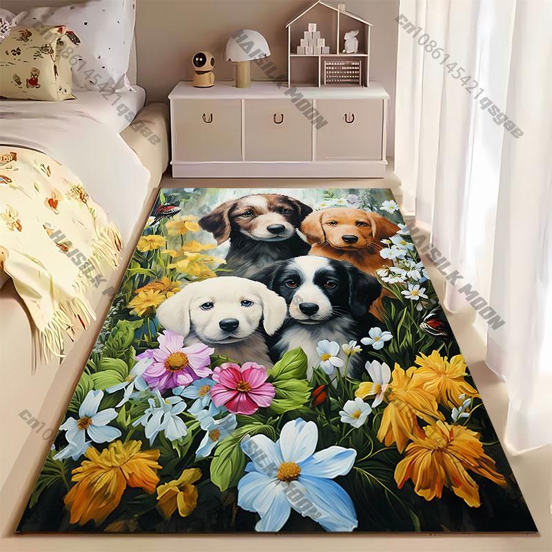 Puppies surrounded by colorful flowers carpet Yoga living room room decor children's crawling mat doormat area rug games mat