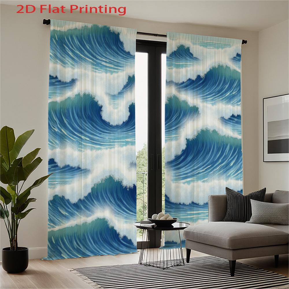 Set Of 2 Flat Printed Curtains Blue White Ocean Wave Pattern Home Decor Style Polyester Fabric Curtain Made With Rod Pocket
