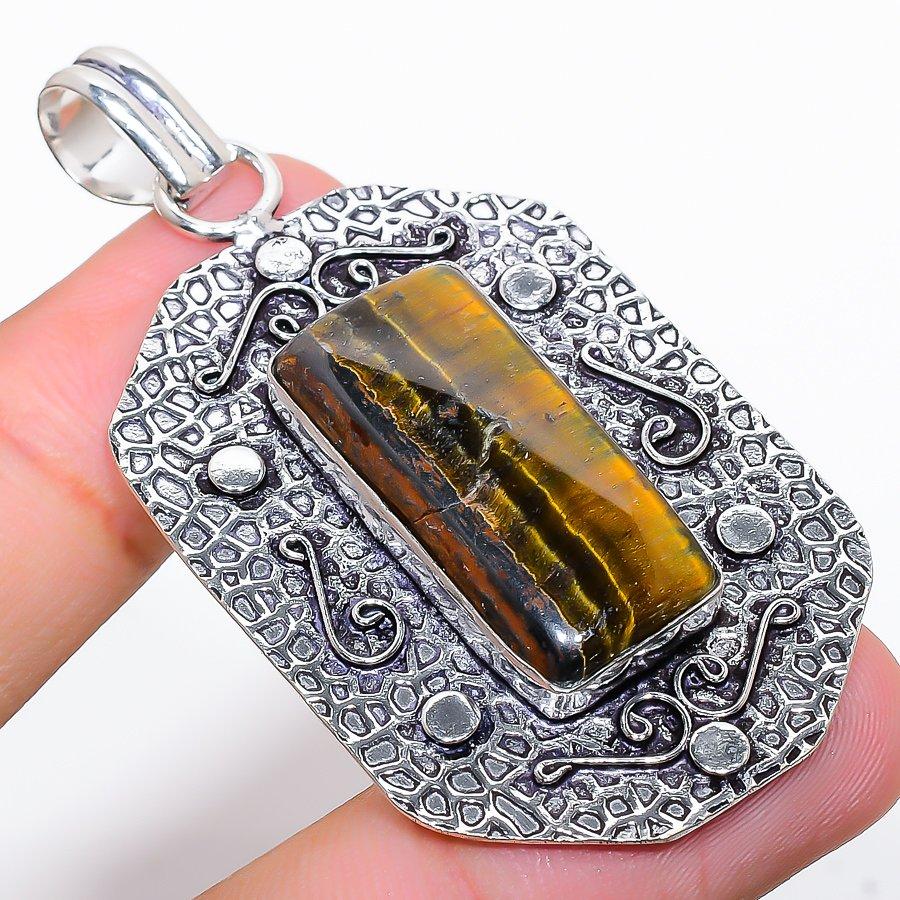 Tiger Eye Gemstone Handmade 925 Sterling Silver Jewelry Pendant 2.44"