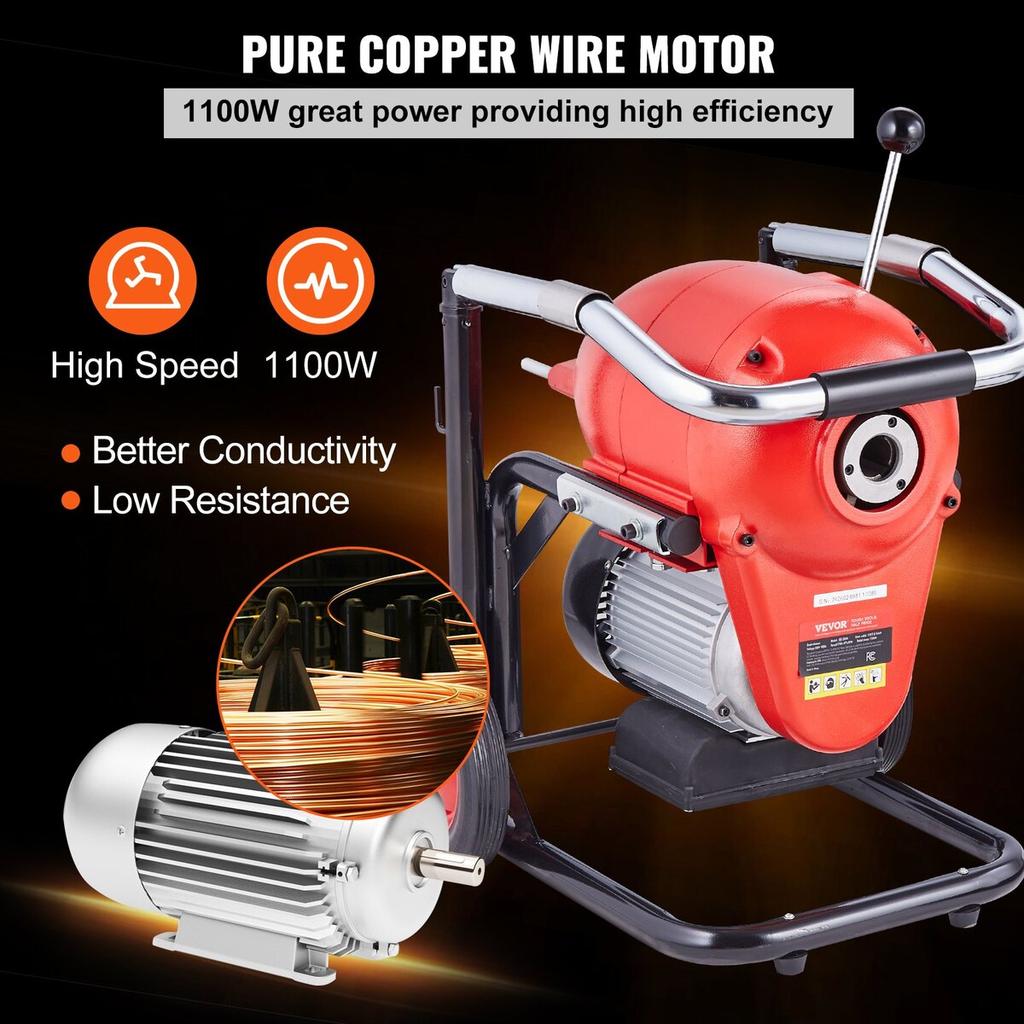 Drain Cleaner Machine 120FT x 6/5" 1100W Sectional Snake Auger Manual Feed