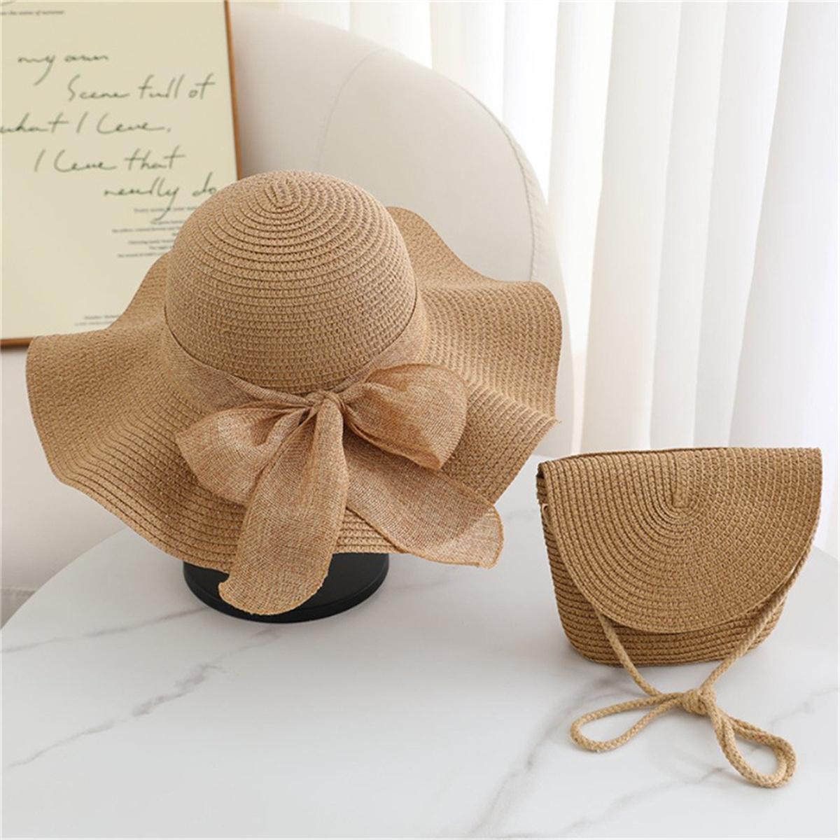 

2-piece women s beach set - khaki beige sun hat and woven bag, fashionable, lightweight and breathable, suitable for spring and