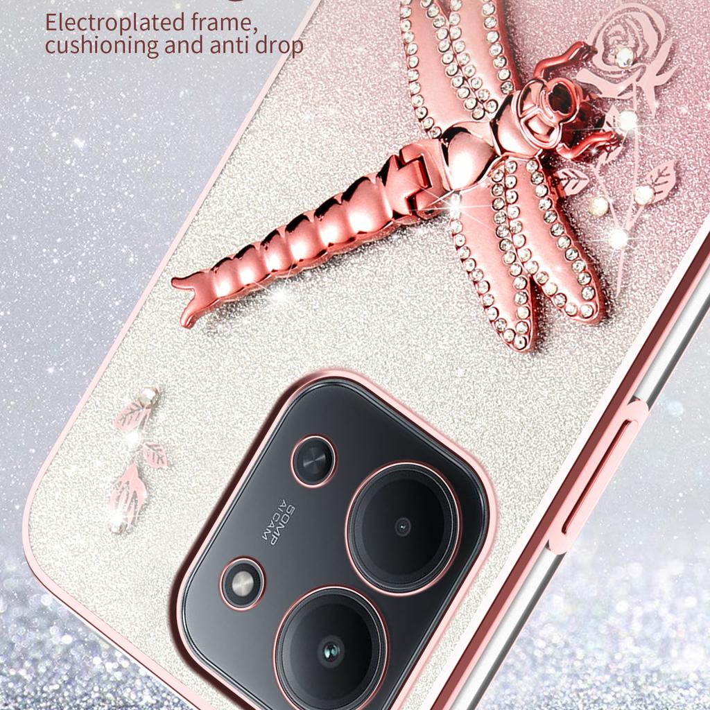 For Xiaomi Redmi 15C 4G (Global) (171mm)/Poco C85 4G (171mm) Case Dragonfly Kickstand TPU Flowers Glitter Phone Cover
