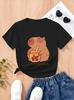 2026 Fashion Children's Round Neck Pure Cotton T-shirt "CAPYBARA Capybara Milk Tea" Print, Breathable Short-sleeved for Girls.