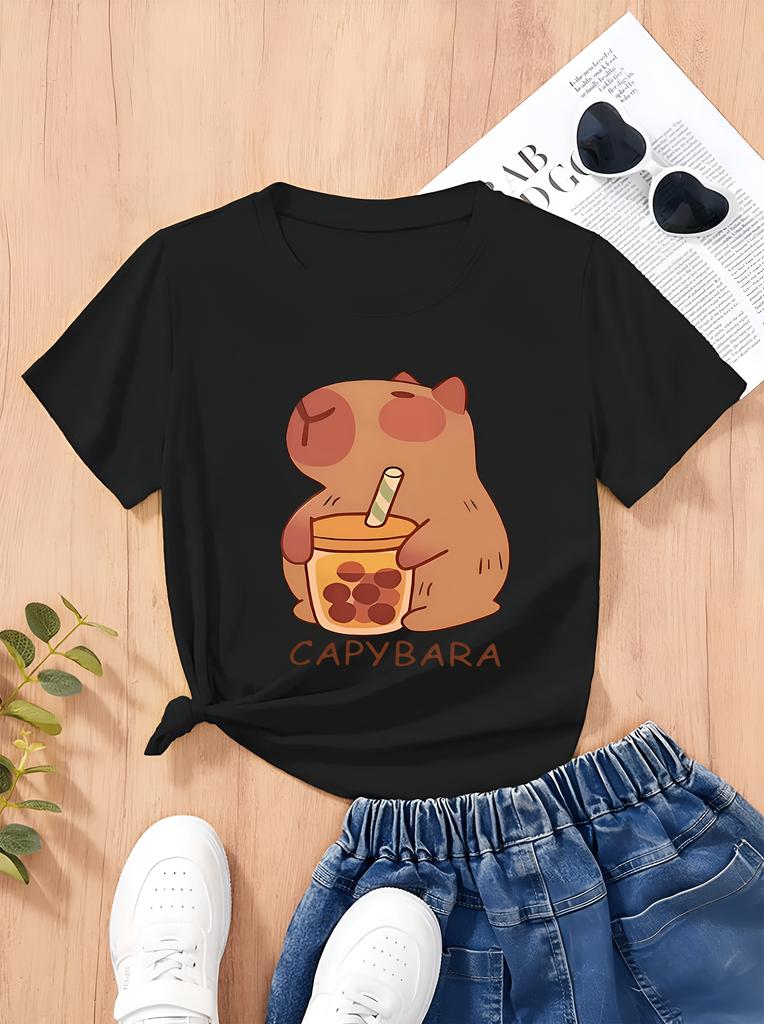 2026 Fashion Children's Round Neck Pure Cotton T-shirt "CAPYBARA Capybara Milk Tea" Print, Breathable Short-sleeved for Girls.