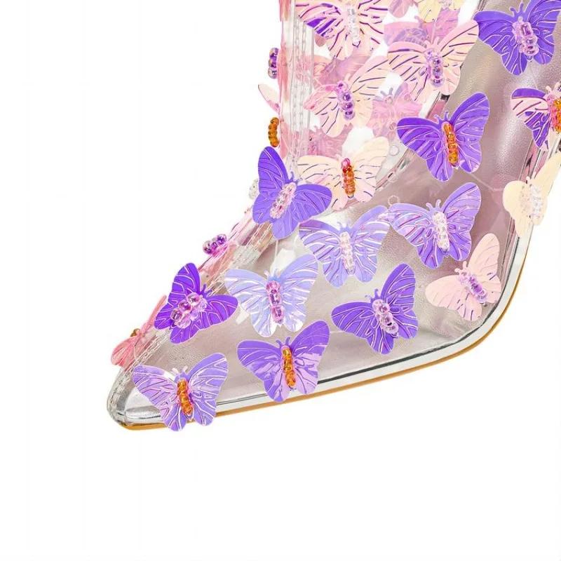 Fashion New White Transparent Sequin Butterfly String Beads Crystal Heel Short Boots Fashion Hot Girl Party Pole Dance Women's Boots 43