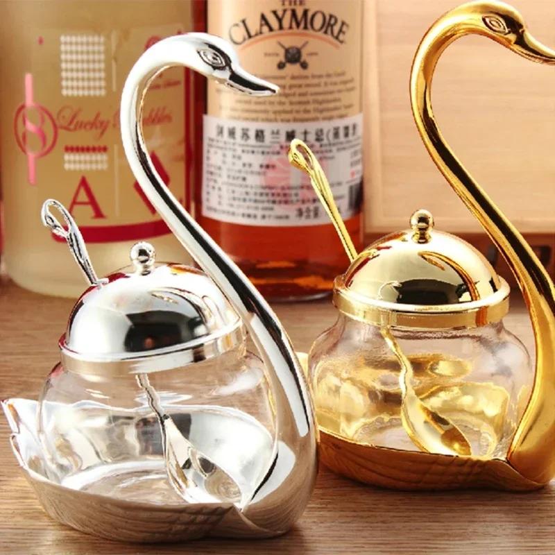 Alloy Condiment Pot Seasoning Container Spice Glass Jar Salt Sugar Bowl Pepper Coffee Storage Organizer Swan Rack Set
