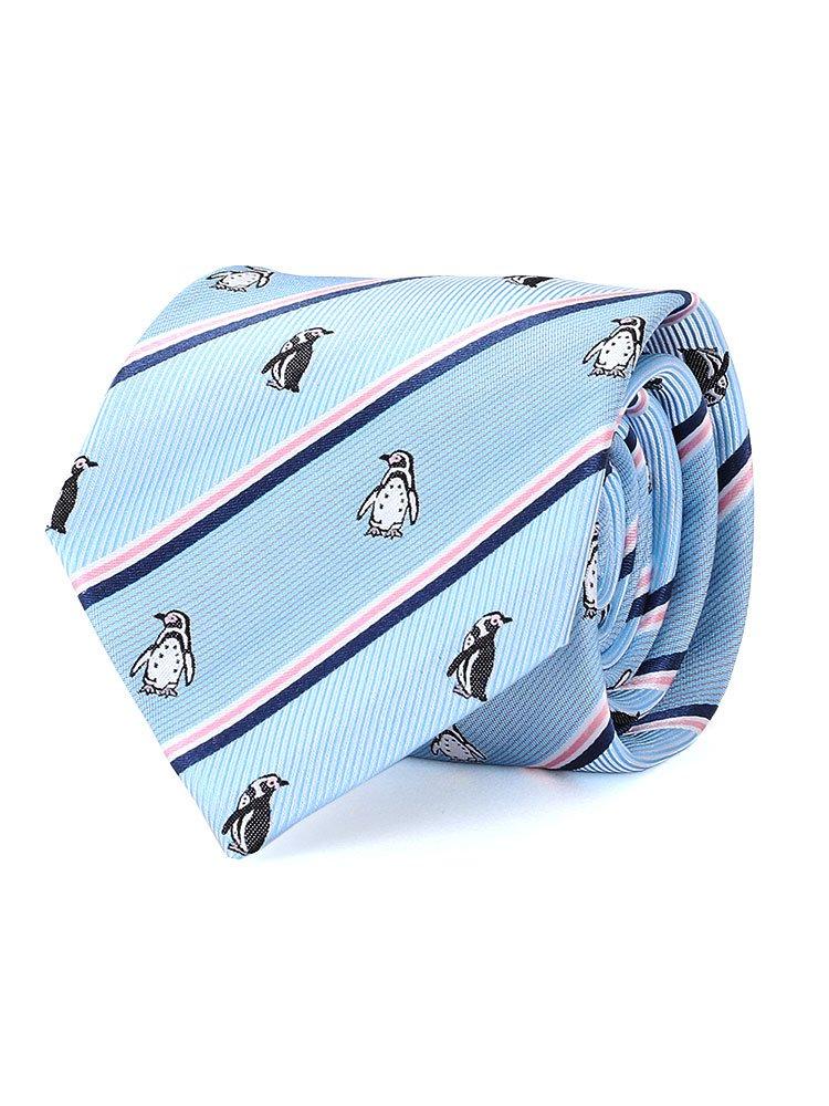 

[COLORATA] Colorata Humboldt Penguin Tie (145 x 8.5 cm Light Blue Stripe 100% Silk Jacquard Weave) Animal Penguin Animal Gift Present