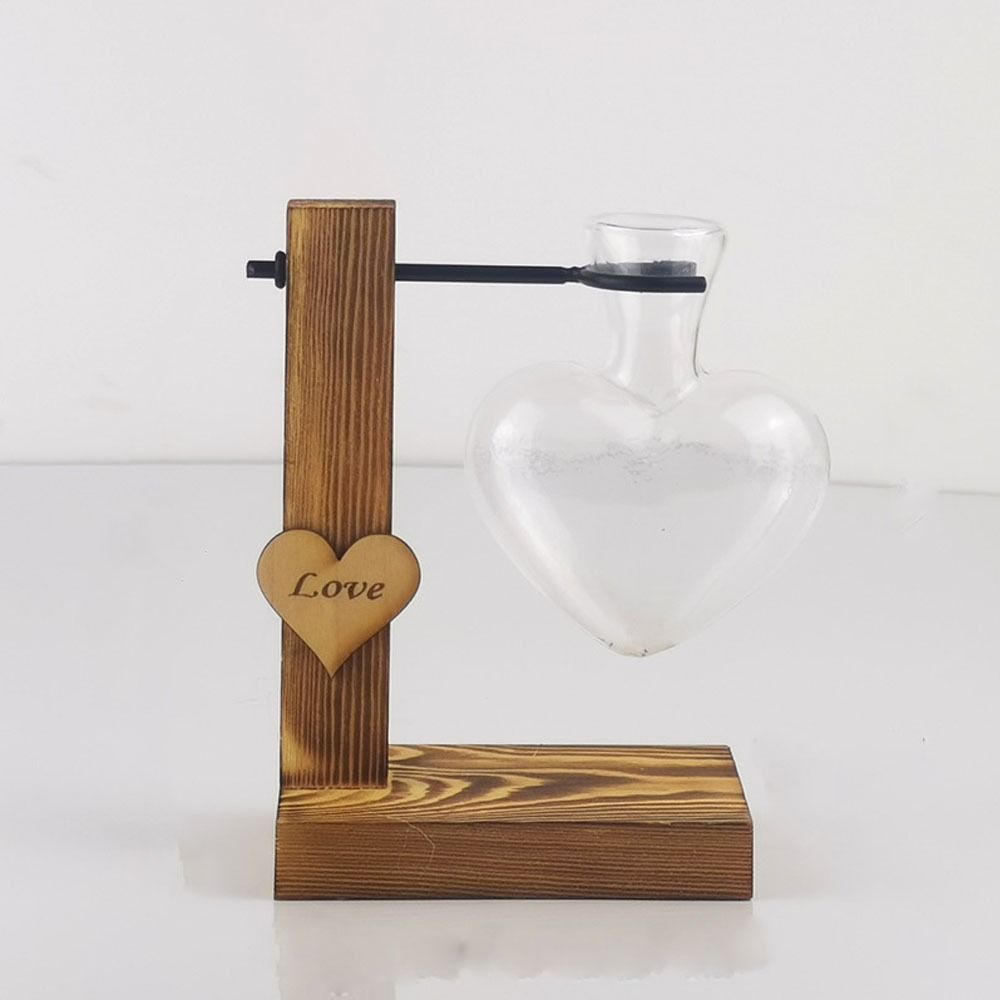 Herzförmige Hydroponik-Blumenvase Glas Transparente Glasvase Vase mit Holzrahmen Balkon