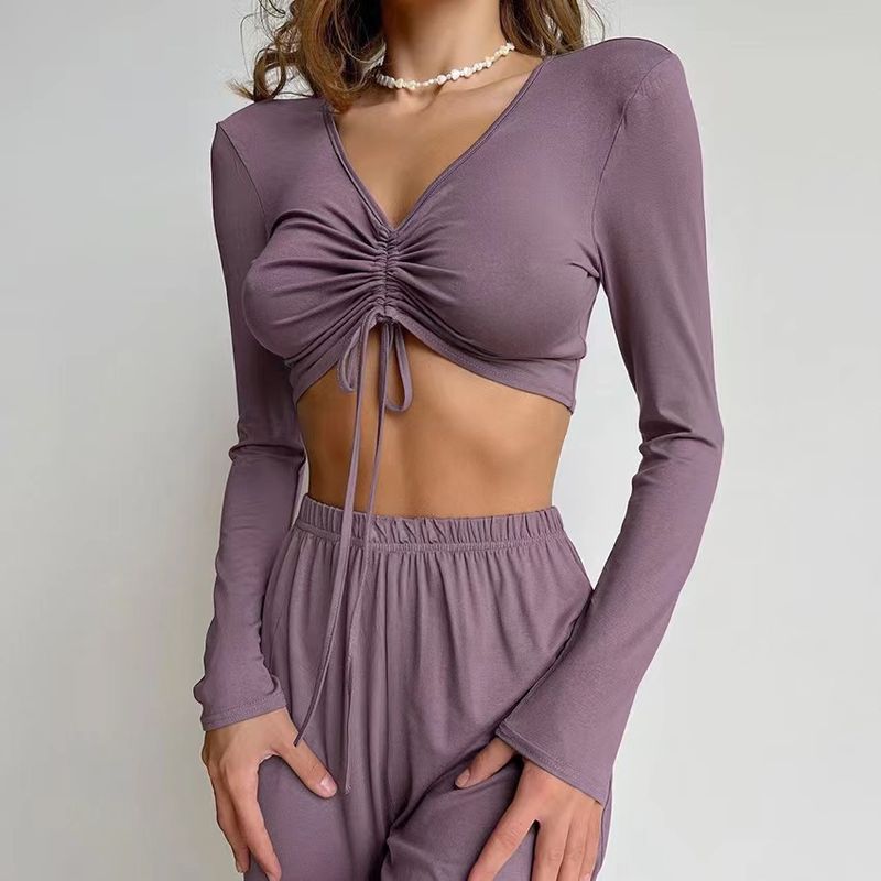 

Fashion Style Long Sleeves Sexy Bandeau Suit Homewear Long Sleeve Short Top Pant Set Purple M