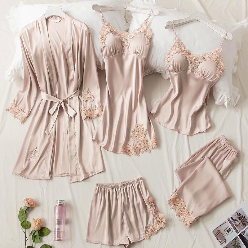 Women's Silk Five-Piece Pajama Set: Spring/Autumn Nightdress & Robe with Chest Pad